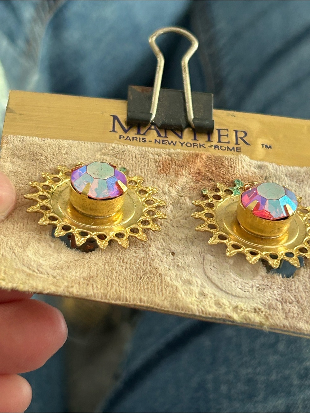 4/$50 Gold-Tone Sunburst Earrings with Pink Aurora Rhinestones - Picture 3 of 5